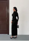 Siyah Vucudu Saran Simli Parlak Büzgülü Drapeli Midi Boy Uzun Kollu Elbise
