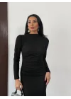 Siyah Vucudu Saran Simli Parlak Büzgülü Drapeli Midi Boy Uzun Kollu Elbise