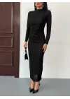 Siyah Vucudu Saran Simli Parlak Büzgülü Drapeli Midi Boy Uzun Kollu Elbise