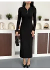 Siyah Yarım Fermuarlı Fitilli Tam Boy Uzun Kollu Midi Elbise