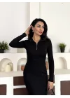 Siyah Yarım Fermuarlı Fitilli Tam Boy Uzun Kollu Midi Elbise