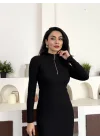 Siyah Yarım Fermuarlı Fitilli Tam Boy Uzun Kollu Midi Elbise