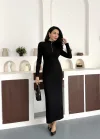 Siyah Yarım Fermuarlı Fitilli Tam Boy Uzun Kollu Midi Elbise