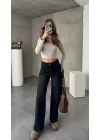 Siyah Yıkamalı Baggy Geniş Paça Yüksek Bel Wide Leg Jean Kot Pantolon