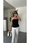 Siyah Yırtmaçlı Drapeli Straplez Crop Bluz