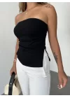 Siyah Yırtmaçlı Drapeli Straplez Crop Bluz