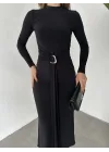 Siyah Zr Model Bisiklet Yaka Aksesuarlı Kuşaklı Midi Boy Candy Elbise