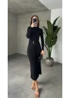 Siyah Zr Model Bisiklet Yaka Aksesuarlı Kuşaklı Midi Boy Candy Elbise
