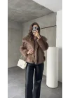 Sütlü Kahve Şal Yaka Jakarlı Çıt Çıtlı Cepli Geniş Kalıp Lolita Kürk