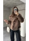 Sütlü Kahve Şal Yaka Jakarlı Çıt Çıtlı Cepli Geniş Kalıp Lolita Kürk