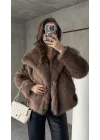 Sütlü Kahve Şal Yaka Jakarlı Çıt Çıtlı Cepli Geniş Kalıp Lolita Kürk