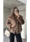 Sütlü Kahve Şal Yaka Jakarlı Çıt Çıtlı Cepli Geniş Kalıp Lolita Suni Kürk