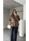 Sütlü Kahve Şal Yaka Jakarlı Çıt Çıtlı Cepli Geniş Kalıp Lolita Suni Kürk