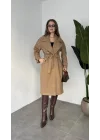 Sütlü Kahverengi Kruvaze Oversize Premium Kalite Kuşaklı Tam Boy Uzun Kaşe Mont