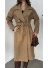 Sütlü Kahverengi Kruvaze Oversize Premium Kalite Kuşaklı Tam Boy Uzun Kaşe Mont