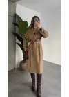 Sütlü Kahverengi Kruvaze Oversize Premium Kalite Kuşaklı Tam Boy Uzun Kaşe Mont