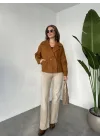 Taba Kısa Kruvaze Oversize Astarlı Cepli Kaşe Ceket Mont