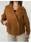 Taba Kısa Kruvaze Oversize Astarlı Cepli Kaşe Ceket Mont