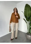 Taba Kısa Kruvaze Oversize Astarlı Cepli Kaşe Ceket Mont