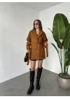 Taba Kruvaze Oversize Astarlı Cepli Kuşaklı Kaşe Mont Kaban