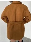 Taba Kruvaze Oversize Astarlı Cepli Kuşaklı Kaşe Mont Kaban