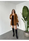 Taba Kruvaze Oversize Astarlı Cepli Kuşaklı Kaşe Mont Kaban
