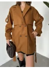 Taba Kruvaze Oversize Astarlı Cepli Kuşaklı Kaşe Mont Kaban