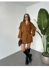 Taba Kruvaze Oversize Astarlı Cepli Kuşaklı Kaşe Mont Kaban