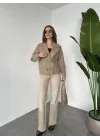 Vizon Kısa Kruvaze Oversize Astarlı Cepli Kaşe Ceket Mont