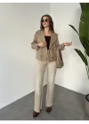 Vizon Kısa Kruvaze Oversize Astarlı Cepli Kaşe Ceket Mont