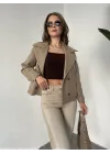 Vizon Kısa Kruvaze Oversize Astarlı Cepli Kaşe Ceket Mont