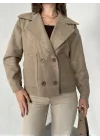Vizon Kısa Kruvaze Oversize Astarlı Cepli Kaşe Ceket Mont