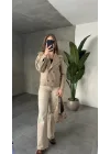 Vizon Kısa Kruvaze Oversize Astarlı Cepli Kaşe Ceket Mont