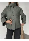 Yeşil Melanj Bisiklet Yaka Şal Aksesurlı Düğmeli Kaşe Ceket Mont