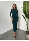 Yeşil Vucudu Saran Büzgülü Drapeli Tam Boy Uzun Kollu Candy Elbise