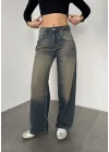Yeşil Yıkamalı Süper Baggy Ektra Geniş Paça Yüksek Bel Jean Kot Pantolon