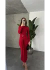 Kırmızı Zr Model Bisiklet Yaka Aksesuarlı Kuşaklı Midi Boy Candy Elbise