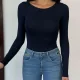 Kadın Açık Yaka Uzun Kollu Basic Body Bluz Lacivert