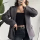 Kadın Antrasit Oversize Blazer Ceket Tek Düğmeli Klasik Ofis Ceketi Şık Günlük Kumaş Ceket