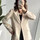 Kadın Krem Oversize Blazer Ceket Tek Düğmeli Klasik Ofis Ceketi Şık Günlük Kumaş Ceket