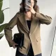 Kadın Haki Oversize Blazer Ceket Tek Düğmeli Klasik Ofis Ceketi Şık Günlük Kumaş Ceket