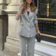 Kadın Açık Gri Oversize Kruvaze Blazer Ceket Çift Düğmeli Ofis Şık Klasik Ceket