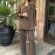 Kadın Kahverengi Oversize Kruvaze Blazer Ceket Çift Düğmeli Ofis Şık Ceket