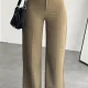 Kadın Haki Yüksek Bel Kumaş Pantolon Wide Leg Bol Paça Ofis Şık Klasik Palazzo Pantolon