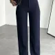Kadın Lacivert Yüksek Bel Kumaş Pantolon Wide Leg Bol Paça Ofis Şık Klasik Palazzo Pantolon