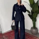 Kadın Lacivert Viral Kot Takım Oversize Gömlek Wide Leg Pantolon Kemerli Jean İkili Set