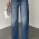 Kadın Mavi Taşlı Wide Leg Jean Pantolon Yüksek Bel Bol Paça Denim