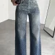 Kadın Koyu Mavi Taşlı Wide Leg Jean Pantolon Yüksek Bel Bol Paça Denim
