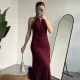 Kadın Bordo Halter Yaka Gold Aksesuarlı Maxi Uzun Boy Abiye Elbise Drapeli Sırt Dekolteli