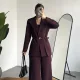 Kadın Bordo Kemerli Blazer Ceket Bel Lastikli Palazzo Pantolon İkili Takım